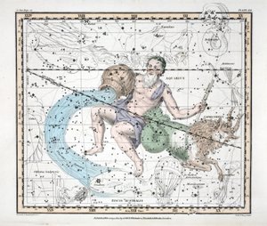 Konstelacje (tabl. XXI) Koziorożec i Wodnik, z „Atlasu niebieskiego” Aleksandra Jamiesona, wyd. Londyn 1822 (ręcznie kolorowane grawerowanie)